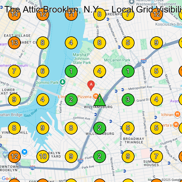 The Attic Brooklyn, N.Y. GeoGrid ranking map for Vintage Clothing Store in Brooklyn